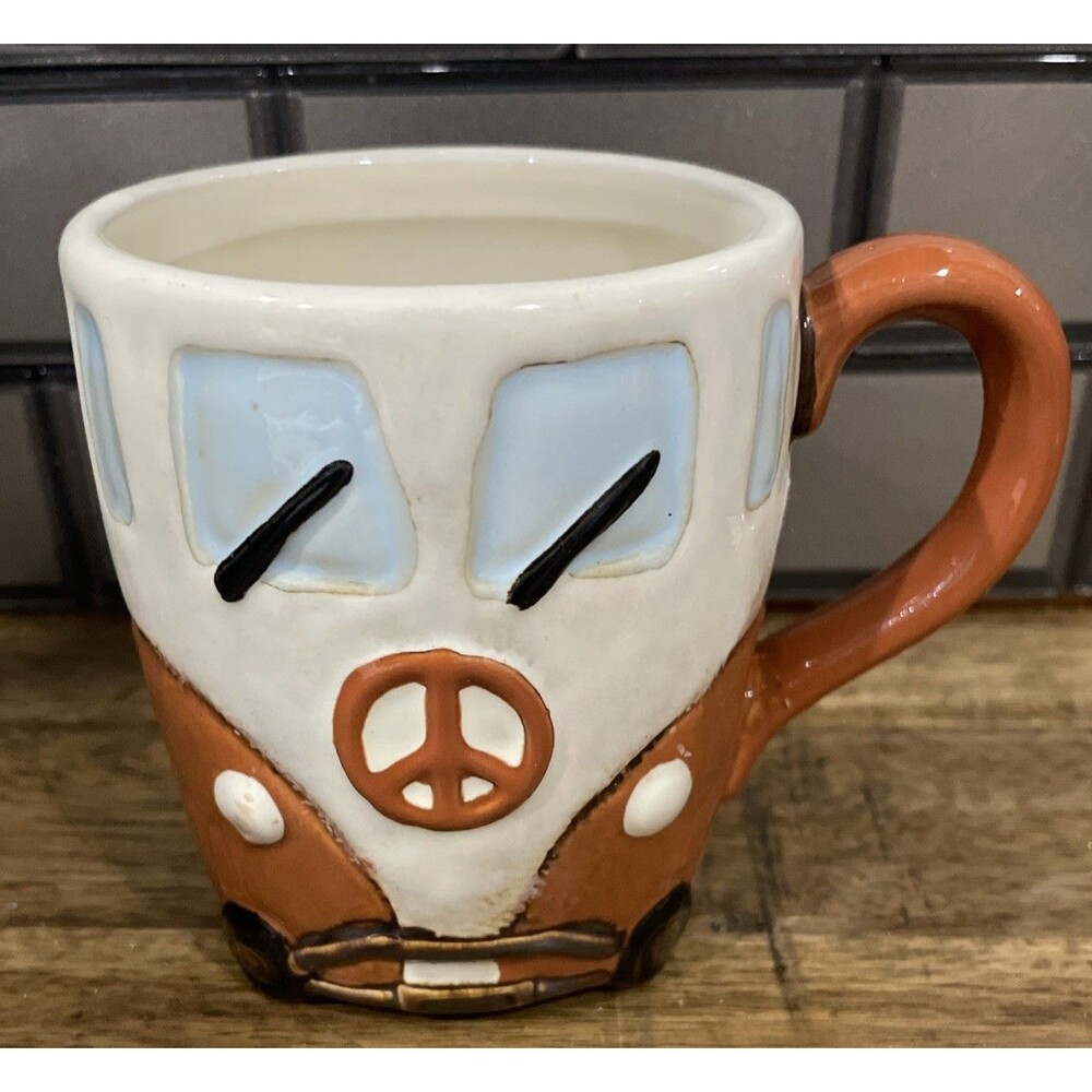 Volkswagen Van Bus Coffee Mug Cup Peace Sign Brown Cream Pottery Retro VW